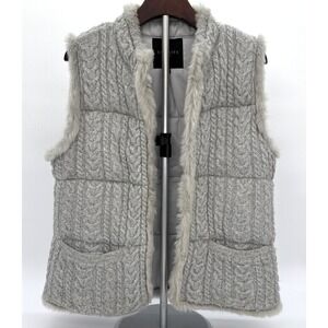 TALBOTS Faux Fur Trim Silver Metallic Cable-knit Sweater Vest w/Permaloft Sz M/P